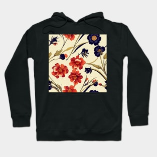 Pretty Orange Red and Deep Blue Flower Pattern on Dark Background Hoodie